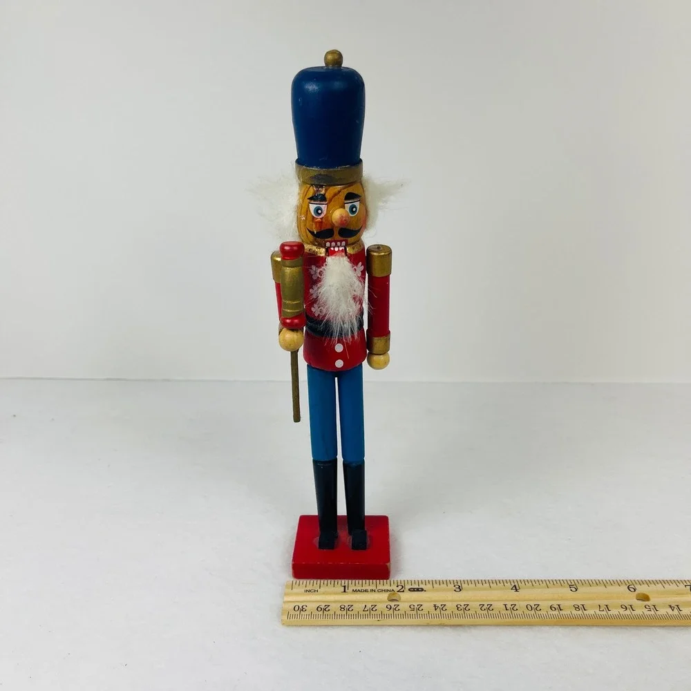 Vintage Wooden Nutcracker Soldier Red Blue Uniform Christmas Decor 9 Inch